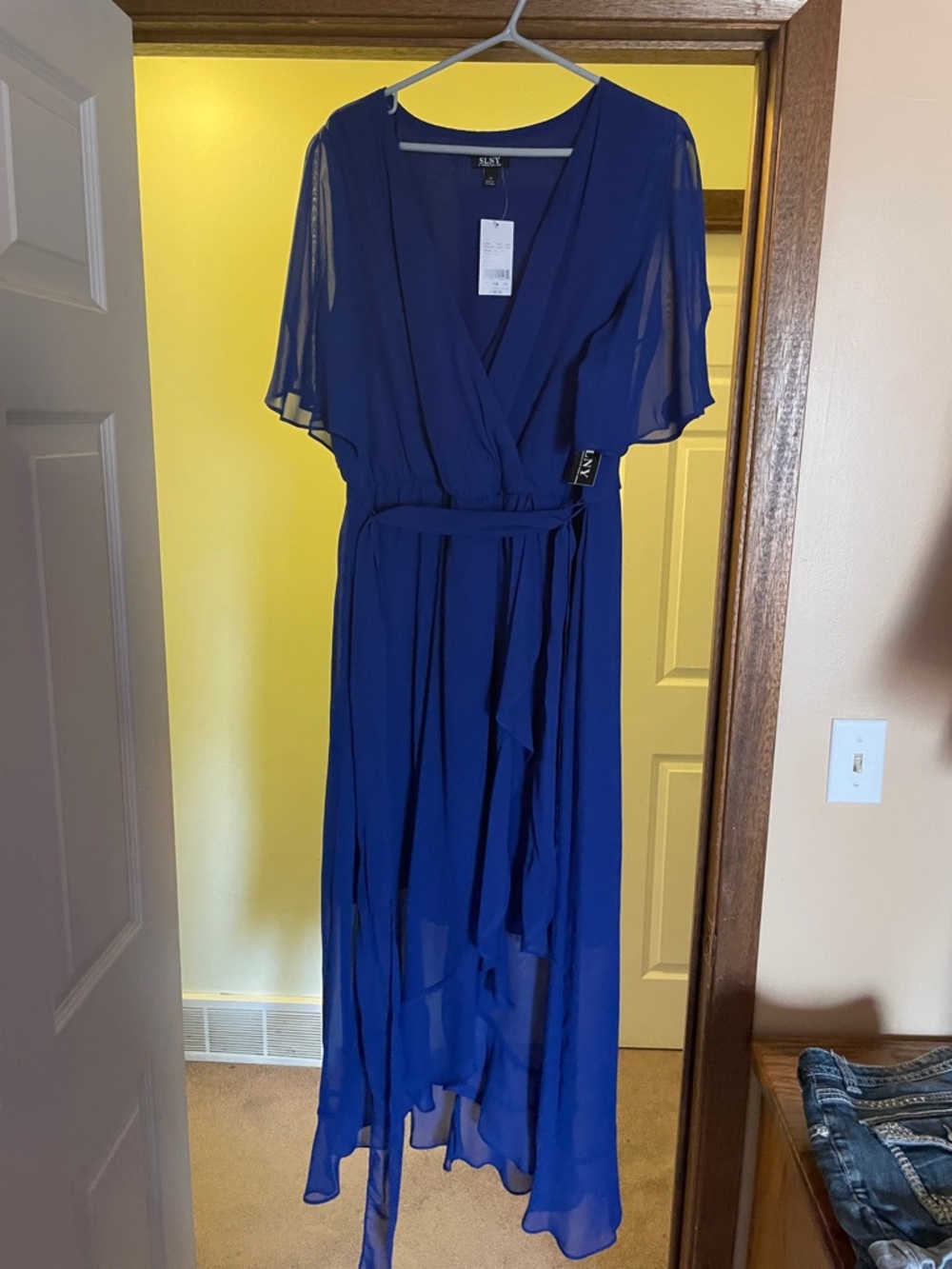 SLNY Cobalt Blue Chiffon Wrap Midi Dress